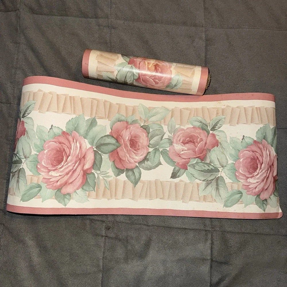 Vintage Pink Rose Floral Wallpaper Border‎ Lot 2 Rolls Approx 9 Yards